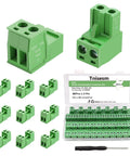 Top view of 16 Pack 2 Pin Screw Terminal Block Connector 5.08 Millimeter Pitch Plug And Play with 2 Pin Phoenix Plug, green color.