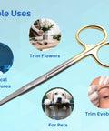Pro Grade 5.5 Inch Straight Scissors With Gold Plated Handle And Tungsten Carbide Inserts For Precision Cutting Extra Sharp Durable And Autoclavable Crafting Shears For Arts Sewing And Fashion Projects, shown for surgical, floral, eyebrow, and pet use