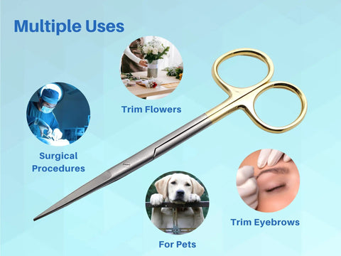 Pro Grade 5.5 Inch Straight Scissors With Gold Plated Handle And Tungsten Carbide Inserts For Precision Cutting Extra Sharp Durable And Autoclavable Crafting Shears For Arts Sewing And Fashion Projects, shown for surgical, floral, eyebrow, and pet use