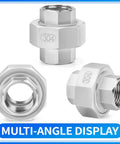 Multi-angle view of 304 Stainless Steel Pipe Fitting Union One Half Inch NPT Female Thread Adapter Four Pack Heavy Duty