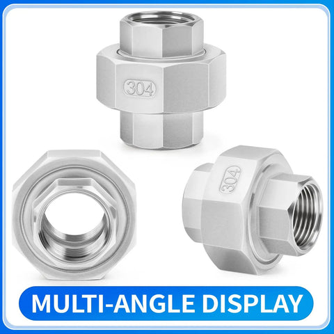 Multi-angle view of 304 Stainless Steel Pipe Fitting Union One Half Inch NPT Female Thread Adapter Four Pack Heavy Duty