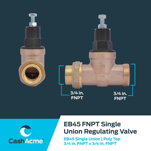 Two views of CashAcme EB45 3/4 in FNPT single-union pressure-regulating valve, 45 PSI, brass body