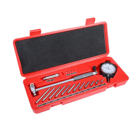 Bore gauge set with dial indicator in open red plastic case and multiple stainless steel rods for 2 to 6 in bores.