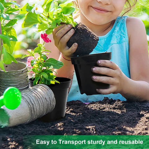 Child holding plant in 40 Pack 4 Inch Plant Nursery Pots With Mesh Pad And Drainage Holes, Sturdy Plastic Seed Starter Planters, Black