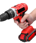 Heavy Hitter 21V Cordless Drill Set Featuring 3in1 Impact Drill And Rechargeable Battery, red and black handheld design.