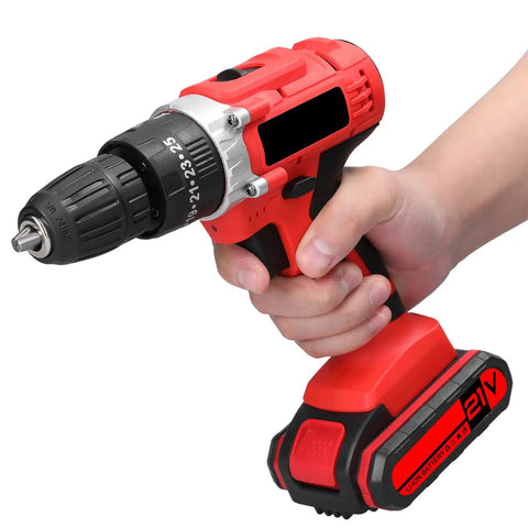 Heavy Hitter 21V Cordless Drill Set Featuring 3in1 Impact Drill And Rechargeable Battery, red and black handheld design.
