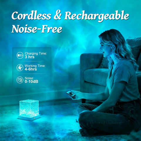 Woman using remote control for Ocean Wave Projector Light With 16 RGB Colors And Four Modes, illuminating room with ripple effect