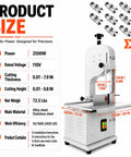 Heavy Duty 2500W Electric Meat Band Saw Commercial Bone Cutting Heavy Hitter With Adjustable Stainless Steel Tabletop size and specifications diagram.
