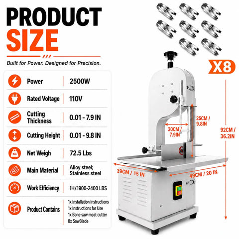 Heavy Duty 2500W Electric Meat Band Saw Commercial Bone Cutting Heavy Hitter With Adjustable Stainless Steel Tabletop size and specifications diagram.