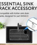 Top view of kitchen sink with inset showing Replacement Feet for Kitchen Sink Rack and Grate, 16 Pack, White Rubber 0.37 Inch Opening.