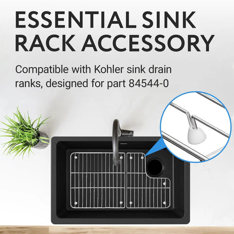 Top view of kitchen sink with inset showing Replacement Feet for Kitchen Sink Rack and Grate, 16 Pack, White Rubber 0.37 Inch Opening.