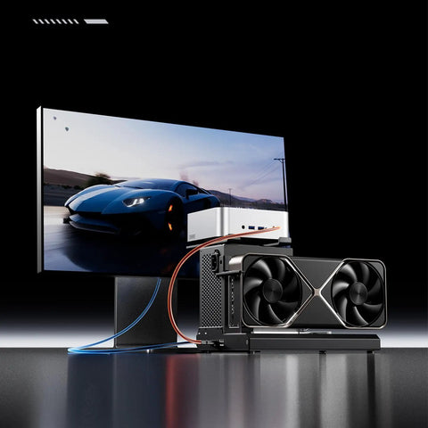 Plug In And Crush Lag With This Top Tier External Gpu Dock Featuring Dual Thunderbolt Five And Oculink Pcie Four Zero X4 Ports That Push Graphics Power To Beast Mode While Shipping Data Fast At Sixty Four Gbps With ATX Or SFX Power connected to a monitor displaying a sleek sports car.