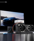 Premium External Gpu Dock Station Featuring Dual Thunderbolt 5 Ports And OCuLink PCIe X4 EGPU Enclosure For Nvidia Graphics ATX SFX Power Support Smooth Transfer Beast Mode Rig next to a monitor.