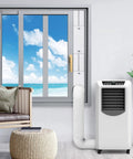Room with portable air conditioner connected to window using Portable Air Conditioner Window Kit With Adjustable Seal And Dope Vent Panels Sliding Exhaust Kit For Doors And Windows Fits Five Point Nine Inch Diameter Exhaust Hose Extends From Seventeen To Sixty Inches Universal AC Vent Solution.