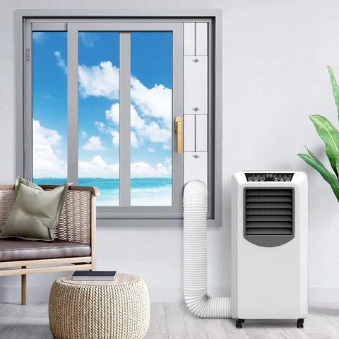 Room with portable air conditioner connected to window using Portable Air Conditioner Window Kit With Adjustable Seal And Dope Vent Panels Sliding Exhaust Kit For Doors And Windows Fits Five Point Nine Inch Diameter Exhaust Hose Extends From Seventeen To Sixty Inches Universal AC Vent Solution.