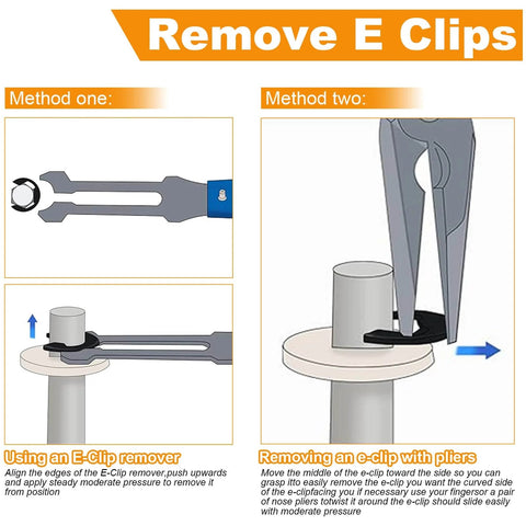 Illustration on how to remove E clips using a remover or pliers for 200Pcs M5 E Clip Circlip Retaining Rings Set Stainless Steel 304 External Snap Rings 10mm OD 5mm ID 0.8mm Thick Built Tough.
