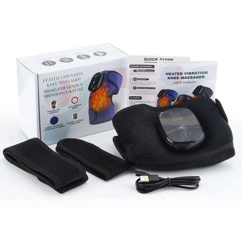 All In One Heated Massager With Heat And Vibration For Knees Shoulders Elbows And More with box and accessories displayed