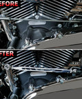 Chrome Shift Linkage For Harley Touring Motorcycles 1980 To 2024 Keeps Your Ride Shifting Smooth And Crisp On Softail Electra Glide Road King Street Glide Road Glide Upgrade For Lightning Fast Shifts, before and after view