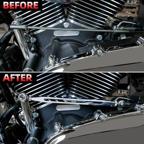 Chrome Shift Linkage For Harley Touring Motorcycles 1980 To 2024 Keeps Your Ride Shifting Smooth And Crisp On Softail Electra Glide Road King Street Glide Road Glide Upgrade For Lightning Fast Shifts, before and after view