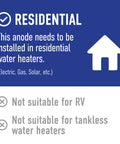 Residential use sign for Aluminum Zinc Water Heater Anode Rod with 3/4 NPT Outlet, not for RV or tankless heaters.