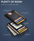 Open ultra slim front pocket wallet with RFID blocking leather card holder showing nine card slots for men and women