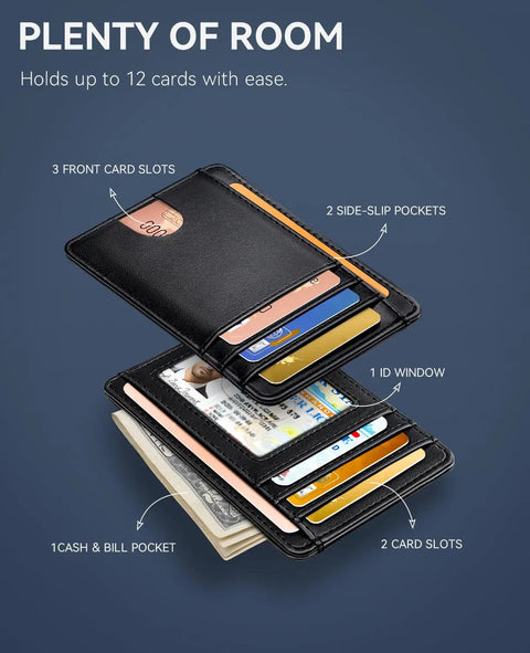 Open ultra slim front pocket wallet with RFID blocking leather card holder showing nine card slots for men and women