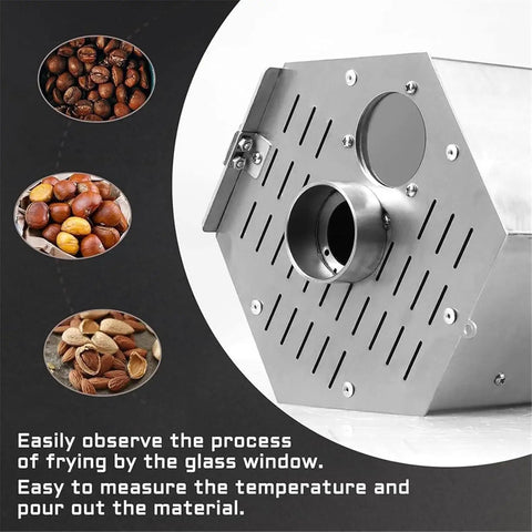 Badass Build Hella Spacious Gas Coffee Bean Roaster With Thermometer And Stainless Steel Drum For Home And Commercial Use showing side design with glass observation window.