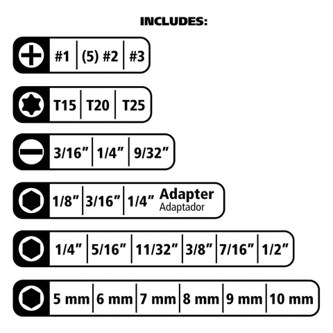 The Ultimate 34 Piece Ratcheting Screwdriver Set With Magnetic Multi Bits, Sae Metric Sockets, Phillips Slotted Torx Hex Heads for All Your Home Repair And Electronics Fixes! bit sizes chart with Phillips, Torx, slotted and hex sockets