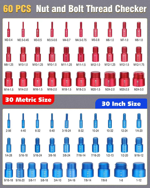 Detachable Thread Gauge Kit With 60 Nut And Bolt Gauges, 30 Inch And 30 Metric Box Set for quick thread checks, displayed in rows.
