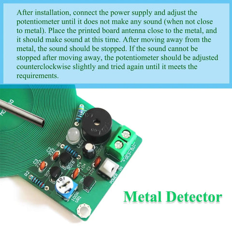 Close-up of DIY Electronics Soldering Practice Kit For Metal Detector Projects with green circuit board and instructions.