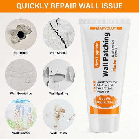 Drywall Repair Kit 2 Pack With Scrapers And Protective Gloves Odorless No Mess Quick Patch For Holes And Cracks In Home Walls Plaster Dent Repair Safe Eco Friendly Materials shown with various wall damage examples.