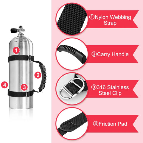 Heavy Duty Scuba Tank Carrier With 1 Inch Nylon Webbing Straps 316 Stainless Steel Fasteners Ergonomic Rubber Handle Non Slip Pad