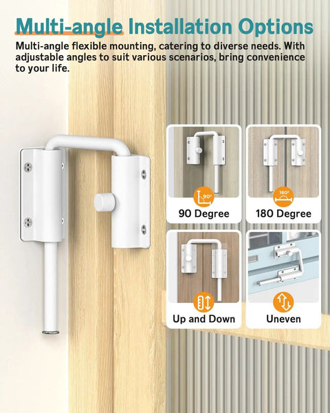 Multi-angle installation options for Lock Down Your Doorway With Heavy Duty White U Shaped Sliding Door Lock featuring tough anti pry rotating latch.