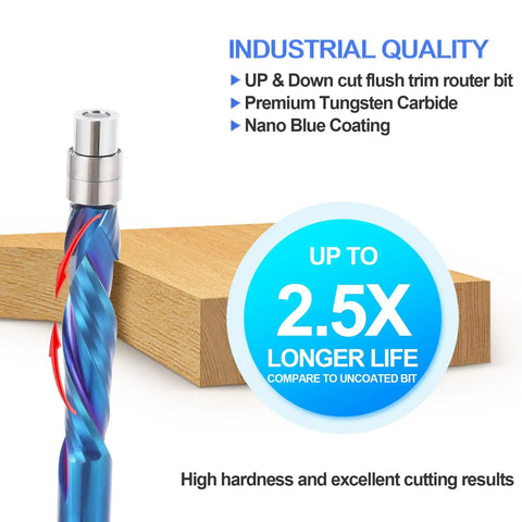 Rock Solid Compression Spiral Flush Trim Router Bit With Bottom Bearing And Quarter Inch Shank Heavy Duty Solid Carbide Cutter Coated In Nano Blue For Silky Cnc Woodwork And Metal Projects