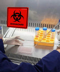 Heavy Duty Biohazard Stickers 5.5 X 5.5 Inch Labels Pack Of 10 displayed in a lab, with a technician using lab equipment.