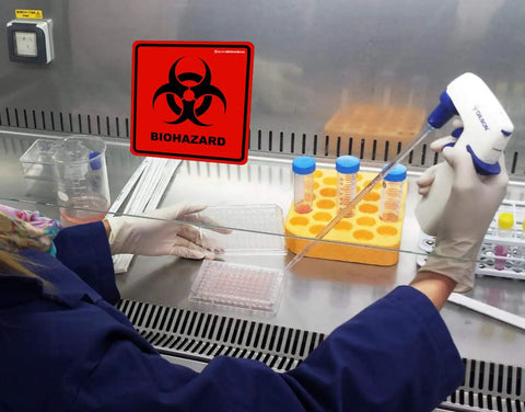 Heavy Duty Biohazard Stickers 5.5 X 5.5 Inch Labels Pack Of 10 displayed in a lab, with a technician using lab equipment.