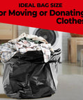 Heavy Duty 42 Gallon Trash Bags 3 Mil Thick Black Contractor Garbage Liners 50 Count filled with clothes for moving or donating.