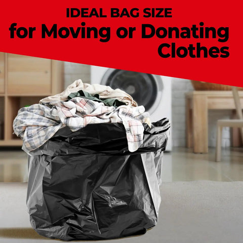 Heavy Duty 42 Gallon Trash Bags 3 Mil Thick Black Contractor Garbage Liners 50 Count filled with clothes for moving or donating.