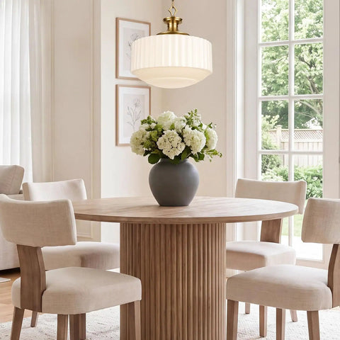Vintage Brass Milk Glass Pendant Lights Fixture, Pleated Glass Chandelier above a wooden dining table with flowers.