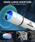 Close-up of High Powered 90mm Refractor Telescope showing its 90mm aperture and HD optics with lunar detail.