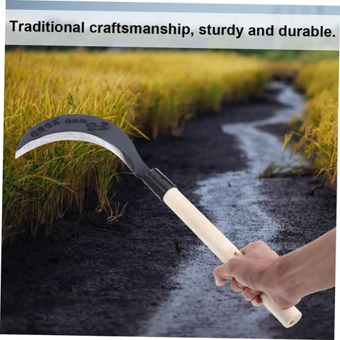 Long Handle Hand Scythe For Weeding And Cultivation Heavy Duty Manganese Steel Garden Tool With Ergonomic Grip shown in hand