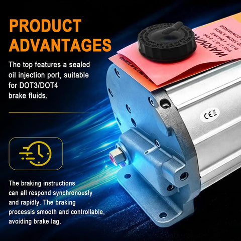 Heavy Duty Electric Hydraulic Brake Actuator 12 Volt Disc Brake Converter Kit 1600 Psi Switch Sealed Aluminum Build showing oil injection port.