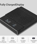 Coffee Scale Basic 2.0 With Water Flow Rate, Timer, And Easy Unit Switcher, digital display showing fully charged status