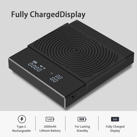 Coffee Scale Basic 2.0 With Water Flow Rate, Timer, And Easy Unit Switcher, digital display showing fully charged status