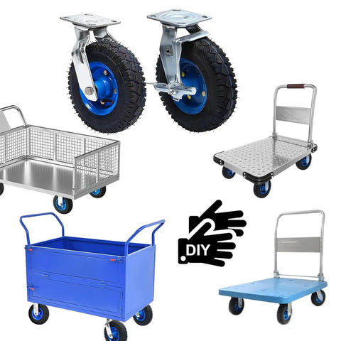 Heavy Duty Swivel Caster Wheels With Brakes for Workbenches and Furniture Carts; various trolleys and hand truck visible.