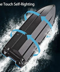 Image of RC Boat With LED Lights For Kids Two Point Four Gigahertz Remote Control Racing Toy For Ages Eight To Twelve Perfect For Pools And Lakes Waterproof With Rechargeable Battery Dope Water Adventures For Boys And Girls demonstrating self-righting feature.