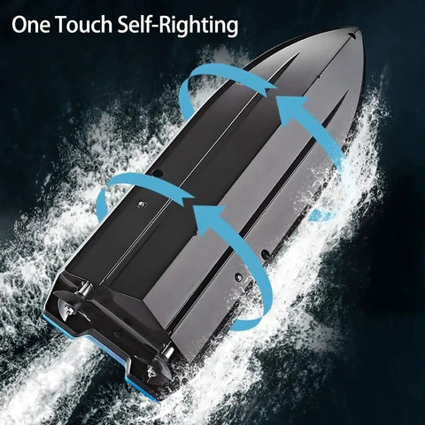 Image of RC Boat With LED Lights For Kids Two Point Four Gigahertz Remote Control Racing Toy For Ages Eight To Twelve Perfect For Pools And Lakes Waterproof With Rechargeable Battery Dope Water Adventures For Boys And Girls demonstrating self-righting feature.