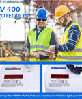 Front view of two workers wearing OXG 3-pack tinted safety glasses with black frames (UV400)