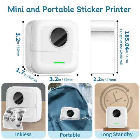 Compact Inkless Thermal Printer With Instant Bluetooth Sync And One Starter Roll Of Sticky Labels displayed beside a roll of labels.