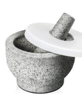 Unpolished Granite Mortar And Pestle Set With Silicone Lid 2 Cup Capacity Garlic Peeler Non Slip Pad 5.5 Inch Spice Grinder